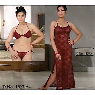 Sexy Sleep Wear set 3pc Bra Panty & Nighty / Slip / Babydoll New Sheer  Night Wear Fancy Bed / Honeymoon / Date Nightie 1617A Maroon In India -  Shopclues Online