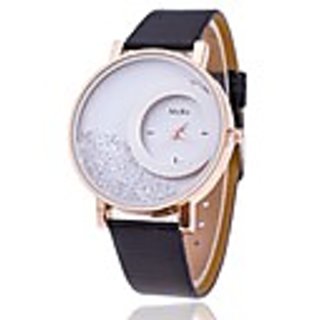 Round Dial Black Leather Strap Women Quartz Watch