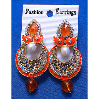 Jewellery Royal Designer Gold Plated OrangeTraditional Kundan Earrings