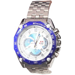 Men Big Blue White Dial sliver Analog Party Boy Watches