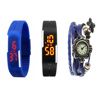 Girls Black And Blue Robotic Led Watches For Men, Women + Blue Vintage Watch For Women