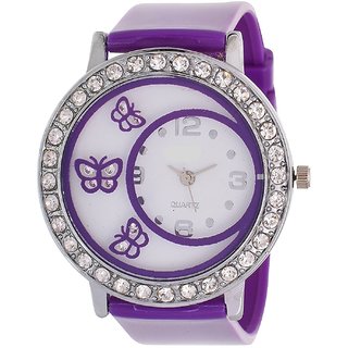 Glory Purple Diamond Fancy Letest Butterfly Print Collection Analog Watch - For Women