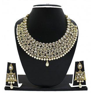 Zaveri Pearls Non Plated Gold White Alloy Necklace Set For Women