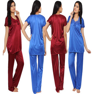 RamE Satin Blue and Mahroon Colour SatinNight Suit