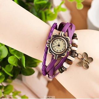 eglob Casual Leather Purpul  Quartz Peach Bracelet Analog Watch For Women &Girls