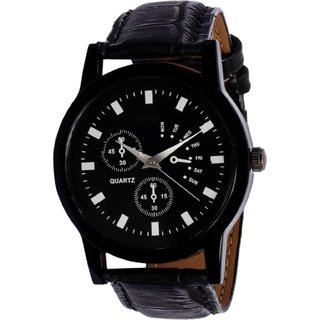 EGLOB Round Dial Black Leather Men Analog Watch
