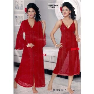 1415 Hot Sheer Sleep Wear 2pc Nighty  Over Coat Full Sleeves Night  Robe Red