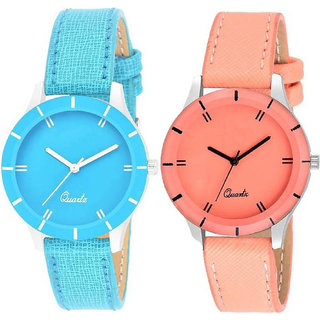 HRV CutGlass Orange and Sky Blue pack of 2 Leather Women Watch