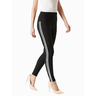 Miss chase Women's Black Solid High Waist Skinny Regular Length Black and White Twill Tape Detailing Jeggings