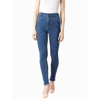 Miss chase Women's Blue Skinny High Rise Clean Look Fringe And Side Zipper Detailing Cropped Denim Jeans