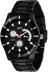 HRV Black Stainless Steel Mens Wristwatch with Sleek Black Chain Strap