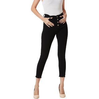 Miss Chase Women's Black Skinny High Rise Clean Look Cropped Fringed Hemline Solid Stretchable Denim Jeans