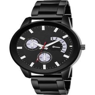 HRV Black Dial Chronograph Printed Dial Black Steel Chain Watch