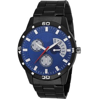 HRV Blue Dial Chronograph Printed Dial Black Steel Chain Watch