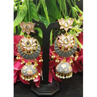 Lotus Meenakari Kundan Pearl Chandbali Grey Pink Jhumki Earrings.