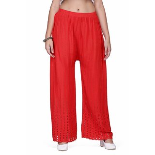 Riya  red Chicken Art Work Embroidred Cotton Rayan Chikan Palazzo