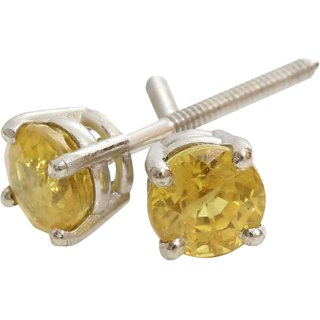 Pukhraj Stud Earring Unheated  Untreated Stone Yellow Sapphire Silver Plated Earring By CEYLONMINE