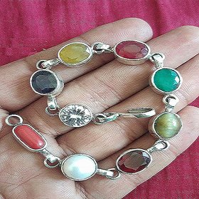Certified Navaratna Stone Rakhi/Bracelet Precious  Original Stone Navgrah Silver Plated Bracelet By CEYLONMINE