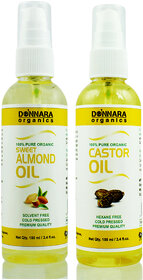 Donnara Organics 100% Pure Castor oil and Sweet Almond oil Combo of 2 Bottles of 100 ml(200 ml)