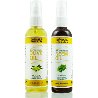 Donnara Organics 100% Pure Olive oil and Neem oil Combo of 2 Bottles of 100 ml(200 ml)