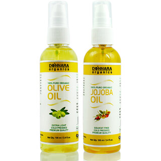 Donnara Organics 100% Pure Olive oil and Jojoba oil Combo of 2 Bottles of 100 ml(200 ml)
