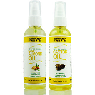 Donnara Organics 100% Pure Castor oil and Sweet Almond oil Combo of 2 Bottles of 100 ml(200 ml)