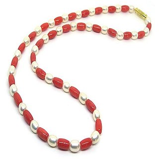 CEYLONMINE- Red Coral  White Pearl Beads Mala Lab Certified  Natural Moonga  Moti Mala For Unisex