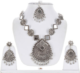 Lucky Jewellery Tribal Designer Oxidised German Silver Plated Mirror Work Navratri Garba Necklace Set with Matching Earring And Maang Tikka For Girls & Women (644-TSO-11939-S).