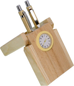 Pen Holder Stand Cum Clock Desk Table Clock Wood Wooden Color Portable Size 1 Pieces Without Alarm - 113.