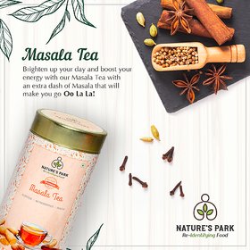 Nature's Park Masala Tea - Cardamom, Black Pepper, Dried Ginger, Cinnamon, Cloves  Black Tea (CTC) - Impeccably Blended - The Indian Masala Chai Spices , USDA Certified, Can (100 g)