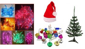 Christmas Tree + Santa Cap + Light + Decoratives Combo