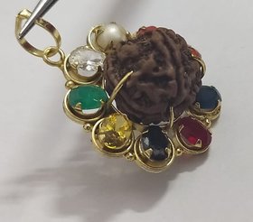Navratan Pendant With Natural 5 Mukhi Rudraksha Navgrah Stone's Astrological Lab Certified - Ceylonmine