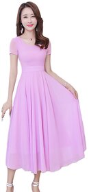 Vivient Women Light Purple Plain Round Neck Georgette Maxi Dress