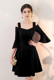 Vivient Women Black Bell Sleeve Cold Sholder Hosery Short Dress