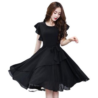 Vivient Women Black Solid Flair Georgette Short A Line Dress