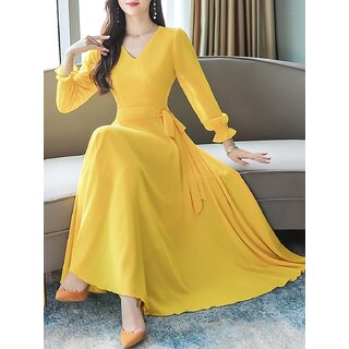 Vivient Yellow Plain Georgette Full Sleeves A Line Dress For Women.