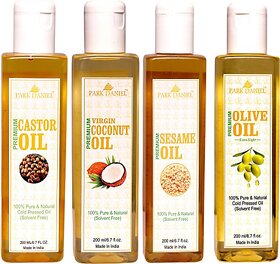 PARK DANIEL Premium Castor oil, Coconut oil, Sesame oil and Extra Light Olive oil- Pure and Natural Combo pack of 4 bott