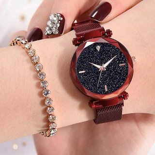 HRV New Luxury Mesh Maroon Magnet Buckle Diamond Cut Glass Letest Wrist Analog Watch for Woman Watches A