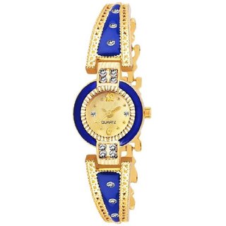 HRV Women Blue Round Gold Dial Rajvadi Bangle Analog Watch