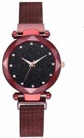 HRV Sparkling Diamond RedMagnetic Strap Luxury Analog Watch For Girls