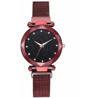 HRV Sparkling Diamond RedMagnetic Strap Luxury Analog Watch For Girls