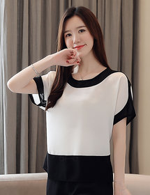 Vivient Women White Plain Round Curved Black Shoulder Rayon Top