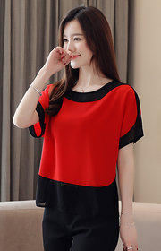 Vivient Women Red Plain Round Curved Black Shoulder Rayon Top