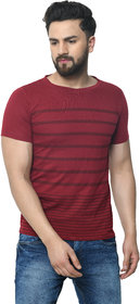 Odoky Mens Maroon Striped Cotton Blend Round Neck T-Shirt