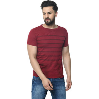 Odoky Mens Maroon Striped Cotton Blend Round Neck T-Shirt