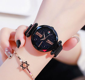 HRV Black Ladies Starry Sky star Magnet Buckle Mesh Belt Watches Casual Quartz Watch For For Women
