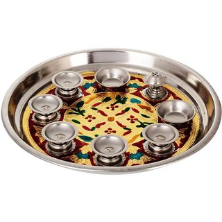 Kesar Zems Steel Pooja Thali (27 cm x 27 cm x 3 cm, Silver, Pack of 9).