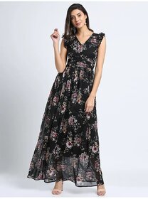Vivient Women Black Red Flower Printed Georgette Long Dress