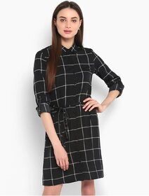 Vivient Women Black Check Printed Buttoned Crepe Short Dress