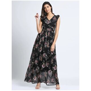 Vivient Women Black Red Flower Printed Georgette Long Dress